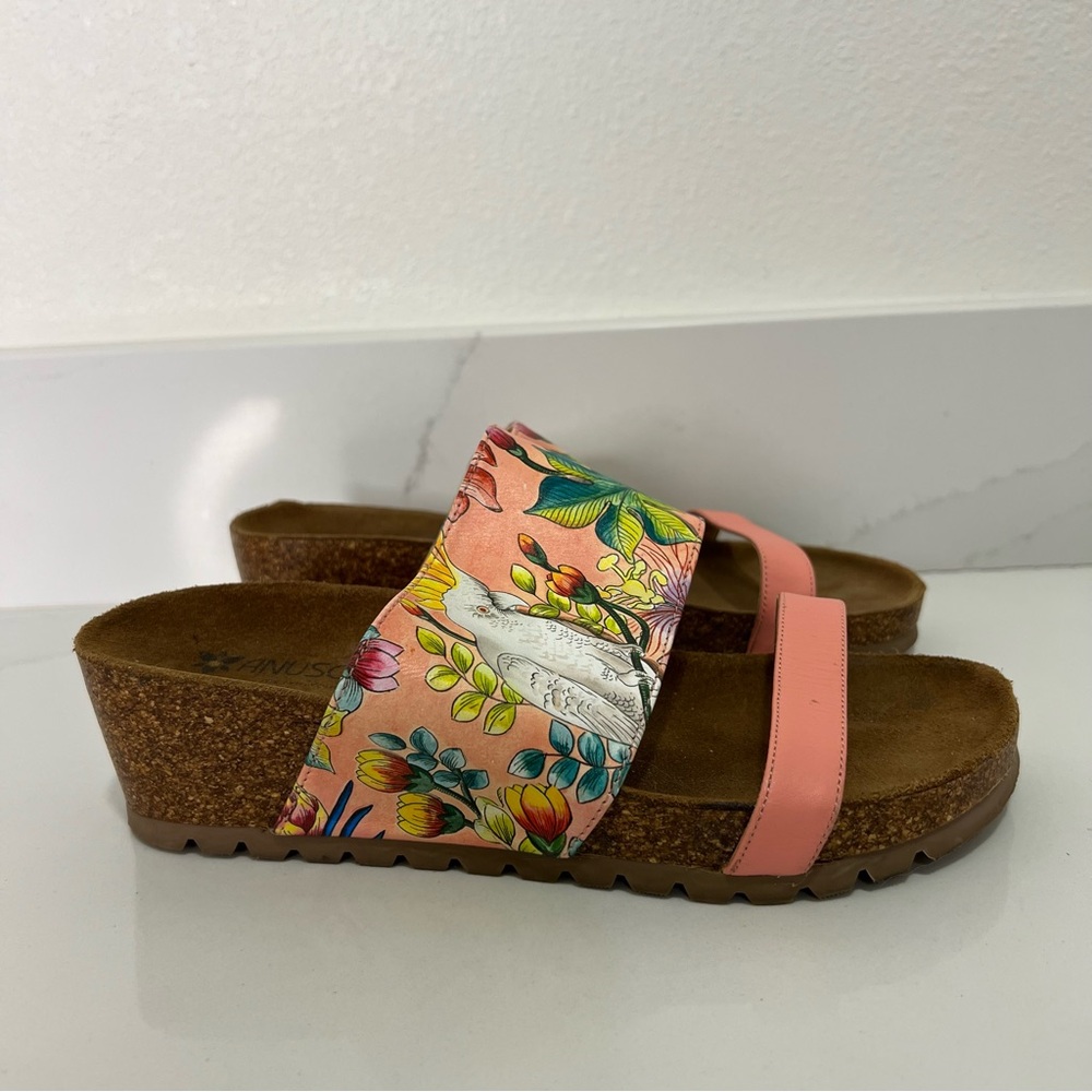 Anuschka Myra Womens Floral Leather Wedge Slide Sandals Slip-On Pink Size 6